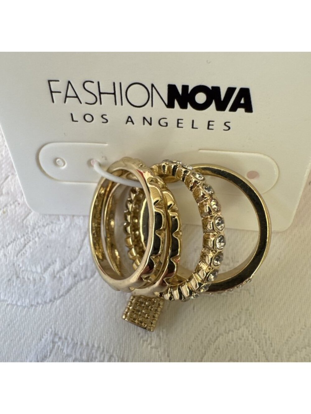 Fashion Nova Locked Away Ring SET OF 4 BAND GOLD CZ SIZE 7 RINGS Goldtone NEW